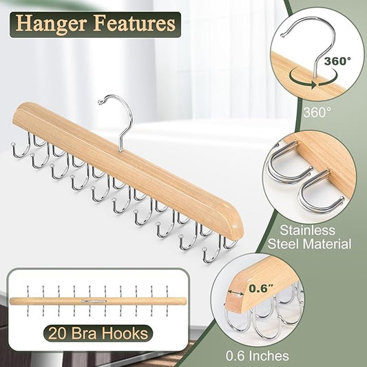 2 Pack Bra Hangers for Closet Organizer, Round Rectangle Bra Organizer with 40 Stainless Steel Hooks, Wooden Tank Top Hanger, Closet Organizers and Storage for Bras Camis Belts Ties, Natural Hanger