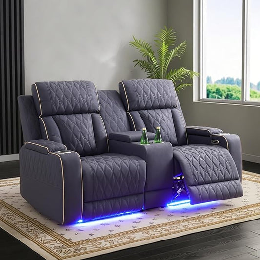 Power Leather Reclining Loveseat Sofa with LED Light,Double Recliner Sofa Love Seat with Storage Console/USB Port/Cup Holder,Leather Couch for Living Room Furniture Sets(2 Seats,Matte Navy)