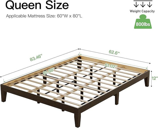 COLAMY 12 Inch Queen Size Platform Bed Frame，Sturdy Wood Bed Frame with Wood Slat Support, No Box Spring Needed, Easy Assembly（Espresso）