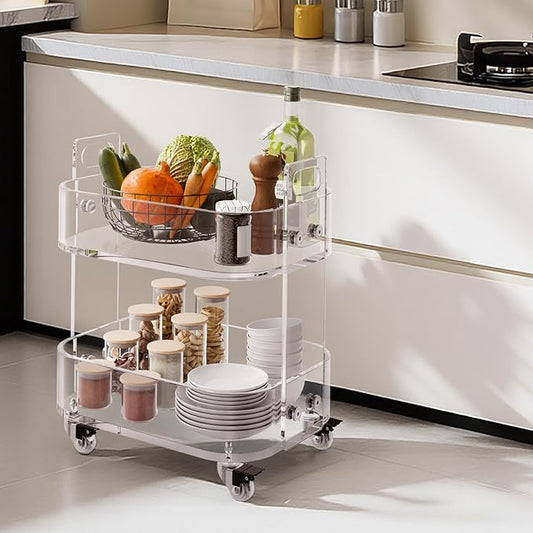 VEVOR Acrylic Bar Cart with 4 Lockable Wheels, Clear Mobile Utility Rolling Cart, Multifunction Serving Cart for Home Bar, Kitchen, Bathroom, Living Room, with Pulling Handle, 2-Tier, Modern