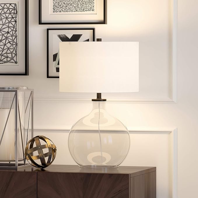 Laelia 24.75" Tall Table Lamp with Fabric Shade in Clear Glass/Blackened Bronze/White