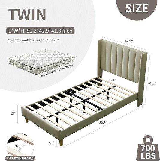 YUHUASHI upholstered Platform Bed Frame/Twin Bed Frame/Modern Geometric Double-Wing Design headboard/Linen Fabric/Easy to Assemble no Noise (Beige, Twin)