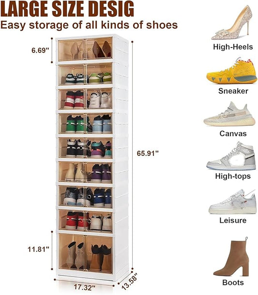 Shoe Box Foldable Storage Box Easy Assembly Clear Plastic Stackable Shoe Storage Organizer Cabinet Shoe Container with Lids Large Size Shoe Rack (9 layers)