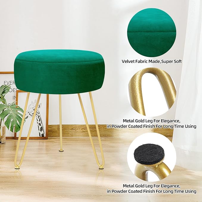 Velvet Soft Modern Vanity Footstool -Round Footrest Stool Ottoman Side Table Seat Dressing with Golden Metal Leg and Sponge Filling,Upholstered Foot Rest, for Living Room and Bedroom Teal