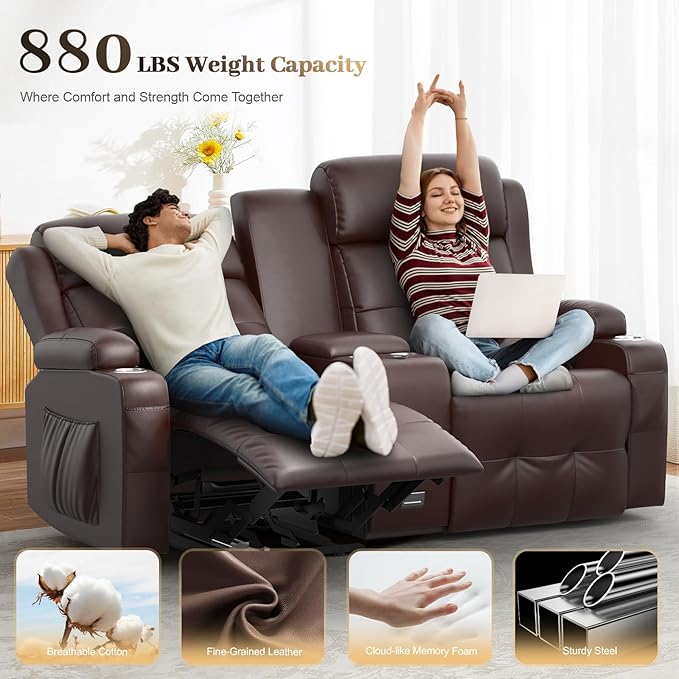Reclining Loveseat, Massage Loveseat Recliner Sofa Heavy Weight Capacity, RV Love Seat Chair Clearance with Console, USB, Type C Port, Storage, Cup Holders, Wall Hugger Couch (Brown, 2+1)