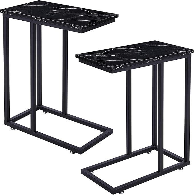 VECELO C Shaped End Side Table for Sofa Couch and Bed Snack TV Tray for Living Room Bedroom, 2 PCS, Black Marble