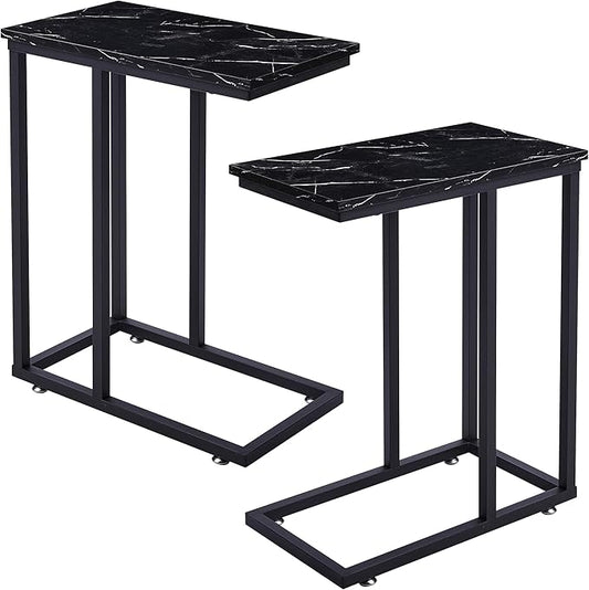 VECELO C Shaped End Side Table for Sofa Couch and Bed Snack TV Tray for Living Room Bedroom, 2 PCS, Black Marble
