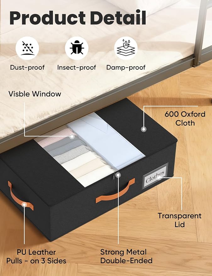 TOSKING 2-Pack Under Bed Storage Bins with Wheels and 4 Vacuum Seal Bags, Heavy Duty 80lbs Capacity, 7.9 Inch Clear Lid Organizer for Dorm Bedroom Clothes Shoes Toys, Quick Assembly Space Saver Black