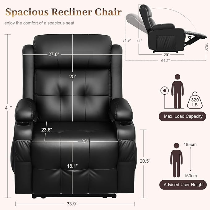 Extra Wide Seat Recliner Chair with Heat and Back Massage, Electric Power Oversized Reclining Chair Infinite Position with Storage Armrests & 2 Cup Holders for Living Room, Manual Recliners