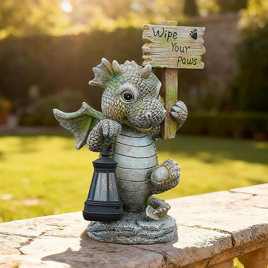 Solar Dragon Garden Statue with Lantern, Resin Outdoor Yard Decor Figurine, Waterproof Solar Powered Light for Patio, Lawn, Walkway & Front Porch (Dragon)
