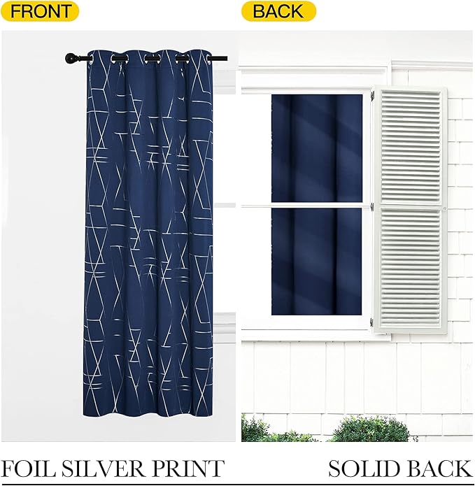 NICETOWN Blackout Curtain Panels 84 inches Long, Window Treatment Foil Printed Line Pattern Thermal Insulated Grommet Blackout Drapes for Living Room/Office/Guest Room (Navy, 1 Pair, 52 inches Wide)