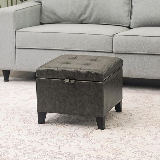 Adeco 15.2" Square Faux Leather Storage Ottoman, Button-Tufted Footrest Stool with Hinged Lid for Living Room & Bedroom Entryway, Upholstered Vanity Seat, Mixed Grey