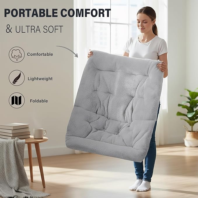 Tiita Folded Chair with Straight Ottoman, Soft Faux Fur Oversized Folding Accent Chair,Lazy Chair, Metal Frame Moon Chair for Bedroom, Living Room, Dorm Rooms, Garden and Courtyard, Grey