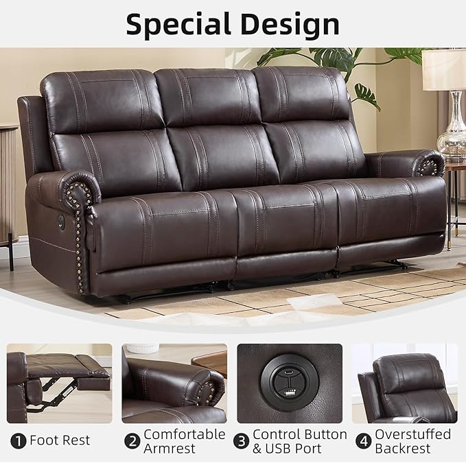 EBELLO Faux Leather Electric Reclining Sofa Set, Power Recliner Six Seats Sofa Set, 2 Chairs and 3-Seat Sofa with Charging Ports, Vintage Rivet Design for Living Room, Meeting Room, Brown