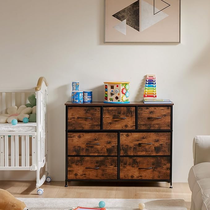 OLIXIS Dresser Nightstand for Bedroom, 7 Storage Drawers, Wide Fabric Closet Chests Organizer Tower Furniture, TV Stand with Wooden Top Frame for Clothes, Living Room, Hallway, Rust Brown