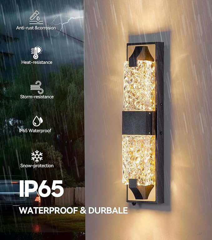 HITTO Dusk to Dawn Outdoor Lighting,18.8'' Porch Lights Outdoor IP65 Waterproof Exterior Lighting Fixtures 12W LED Ripple Crystal Modern Outdoor Light for House, Garage, Door, Patio 2pcs(Black & Gold)