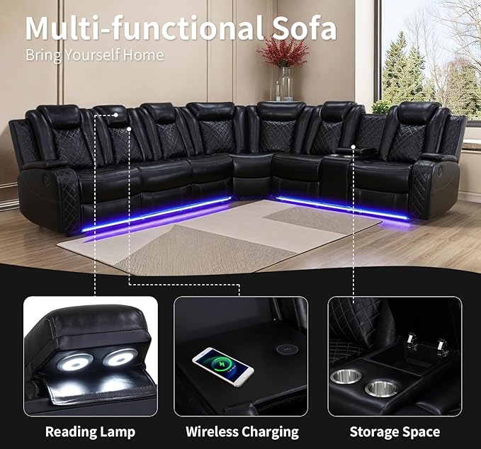 Power Recliner Sofa Sectional Couches with LED Light,Leather Reclining Corner Sectional Sofa Set with 2 Recliner Seats,Cup Holder,Storage Console for Living Room,Black