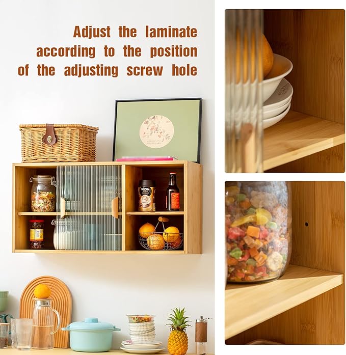 HollyHOME Bamboo Wall Mounted Kitchen Pantry Sideboard with 2 Doors and Adjustable Shelves, Freestanding Wall Storage Cabinet with Shelf for Bottle, Dish, Bowl, Console Dining Cupboard, Burlywood