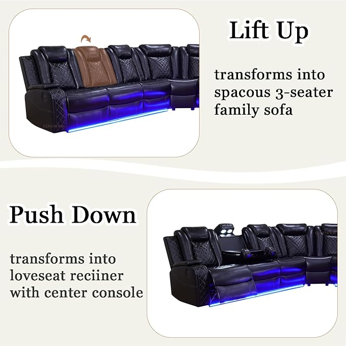 Power Breathing Leather Reclining Sofa, Power Recliner Sectional Sofa with Reading lamp/LED Light, Sectional Reclining Loveseat Couch with Hide-Away Storage for Living Room