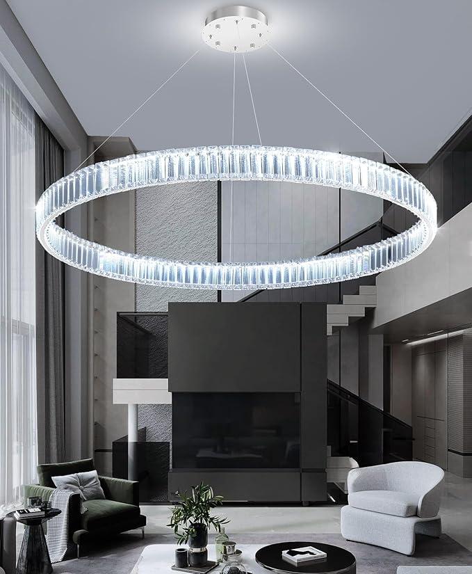 40'' Modern Ring Chandelier Crystal Chandeliers for Dining Room Round LED Dimmable Ceiling Light Fixture for Living Room Bedroom Lighting Silver