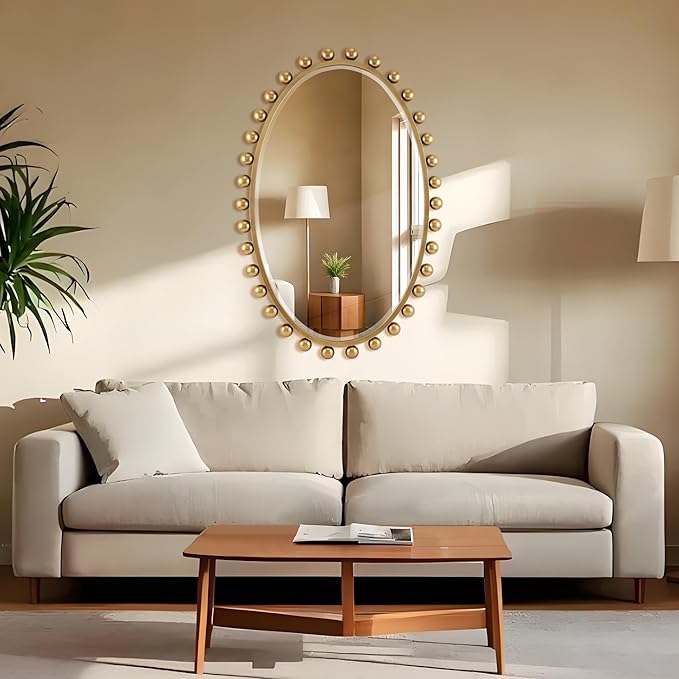 24"x36"Oval Wall Mounted Bathroom Mirror with Beveled Glass, Antique Gold Beaded Ball Frame, Vertical & Horizontal Hanging Vanity Wall Mirror for Bathroom, Bedroom, Entryway, Dressing Room