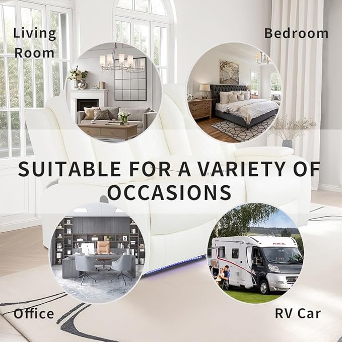 Living Room Sofa Sets, Breathing Leather Power Recliner Sofa with LED Light, Power Reclining Loveseat with 2 Recliner Seats/Cup Holders/Storage Console for Living Room(Vanilla White)