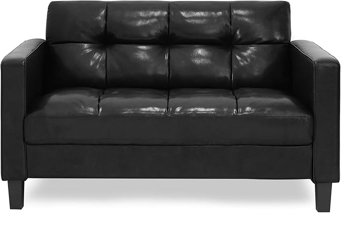 Furinno Brive Contemporary Tufted Faux Leather Loveseat/Sofa Couch for Living Room, Black Faux Leather
