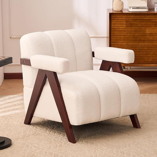 Accent Chair Mid-Century Modern with Wide Backrest for Bedroom, Upholstered Living Room Chair with Wooden, Lounge Armchair with Thick Cushion, Cute Teddy Comfy Chair, Ivory