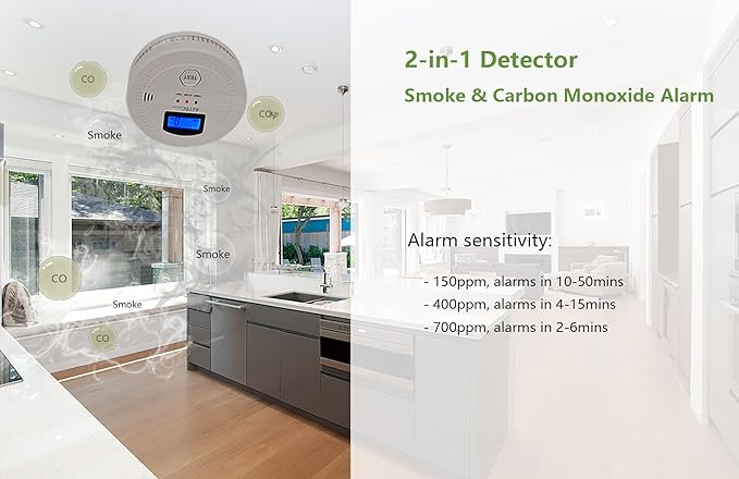 Smoke and Carbon Monoxide Detector Combo, Fire Alarms Smoke detectors and Smart co Detector with Battery Powered for Home, Travel or RV, Portable, Digital Display (1 Pack)