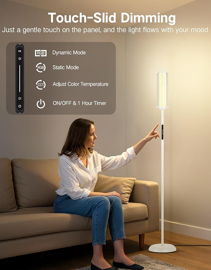 OUTON LED Floor Lamp with Remote & APP Control, Tall Standing Lamp, 16 Million Colors, 32 Scene Modes & Music Sync, Modern Corner Lamps for Living Room, Bedroom, Gaming, White & Glass Lampshade