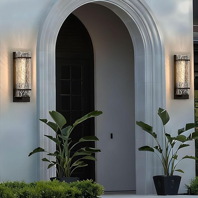 Black Outdoor Wall Light, 13.4in Exterior Waterproof Lanterns,Porch Sconces Wall Mounted Lighting with E26 Sockets & Textured Glass Shades, for Garage,Doorway,Patio,Front Door