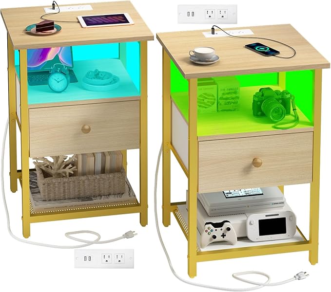 LED Nightstands Set of 2 with Charging Station, Bedside Tables with USB Ports and Outlets, End Table with Fabric-Wood 2-in-1 Drawer for Small Spaces, Wooden Color Side Table for Bedroom