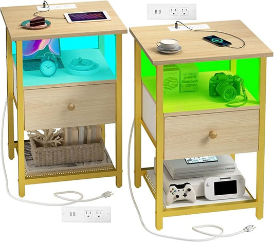 LED Nightstands Set of 2 with Charging Station, Bedside Tables with USB Ports and Outlets, End Table with Fabric-Wood 2-in-1 Drawer for Small Spaces, Wooden Color Side Table for Bedroom