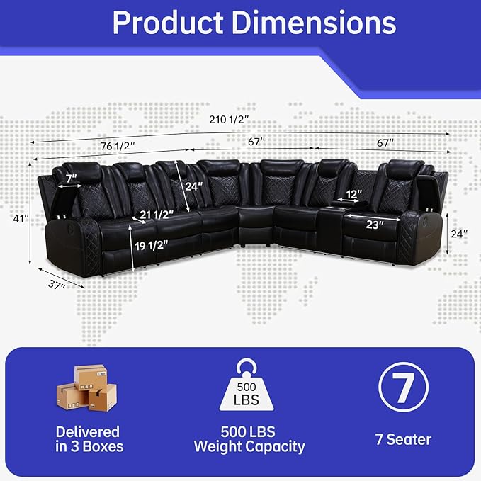 Power Reclining Leather Sectional Couch with Home Theater Seating, Air Leather Recliner Sofa with LED Lighting, Cup Holders and Storage, Modern Reclining Couch for Living Room/Bedroom, Black