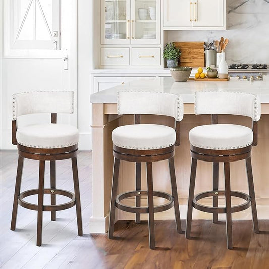 COLAMY Swivel Bar Stools Set of 3, Counter Height Barstools with Back, 30 Inch Modern Upholstered for Kitchen Island, Beige