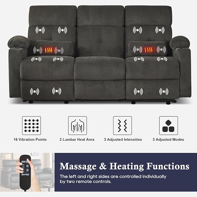 80'' Power Reclining Sofa with Heat and Massage, Electric Reclining Couch with Extended Footrest, Wall Hugger 3-Seater Recliner Sofa with USB Ports, Cup Holders for Living Room