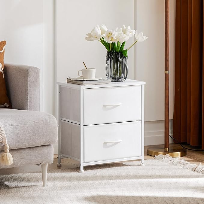 NEWBULIG Nightstand Small Dresser with 2 Fabric Drawers 25 Inch Tall Bedside Table Storage Furniture for Bedroom Closet Entryway College Dorm White