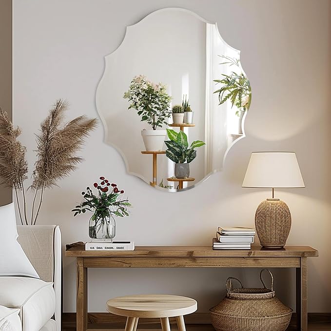 Muzilife 24x31 Frameless Oval Wall Mirror Beveled Scalloped Mirror Silver Wall Mirror with MDF Backplane Over Bathroom Sink for Vanity, Bedroom or Any Other Room in Your Home