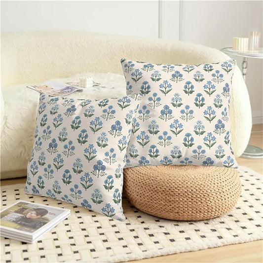 Floral Pillow Covers 24x24 Set of 2 Blue Green Block Print Throw Pillow Cases Vintage Flower Pattern Pillowcases Spring Summer Rustic Outdoor Cushion Covers for Farmhouse Sofa Couch Decor