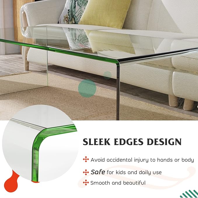 Tangkula Glass Coffee Table, 42.5" L × 20" W ×14" H, Modern Home Furniture, 0.47" Clear Tempered Glass End Table, International Occasion Tea Table, Waterfall Table with Rounded Edges (Clear)