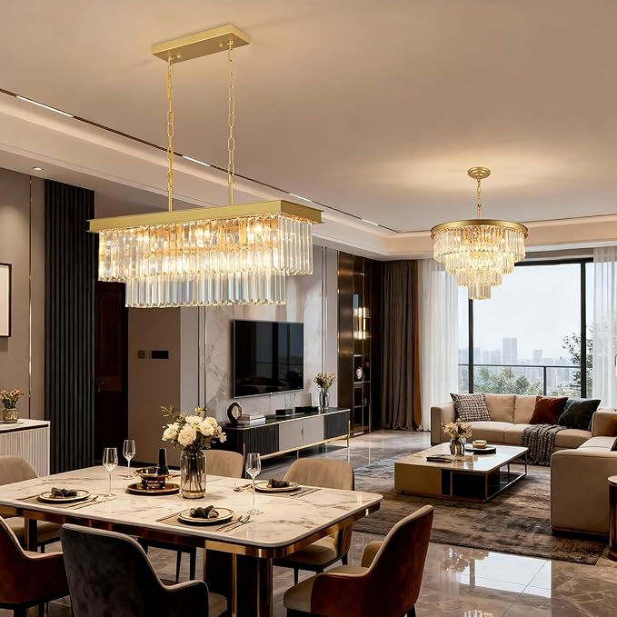 Crystal Chandeliers for Dining Room Light Fixtures Over Table，9-Lights Gold Modern Rectangle Chandeliers for Kitchen Island Bar L28 Inch