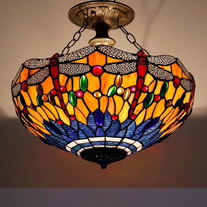 WERFACTORY Tiffany Ceiling Light Fixture Orange Blue Stained Glass Dragonfly Semi Flush Mount Lamp Wide 16 Inch Height 15 Inch Tiffany Ceiling Lamp S168 Series