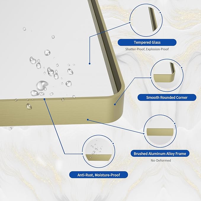 WEER Gold Bathroom Mirror, 50X30 Inch Brushed Gold Metal Frame Mirror, Rounded Rectangle Gold Bathroom Vanity Mirror for Wall, Tempered Glass, Anti-Rust, Hangs Horizontally or Vertically