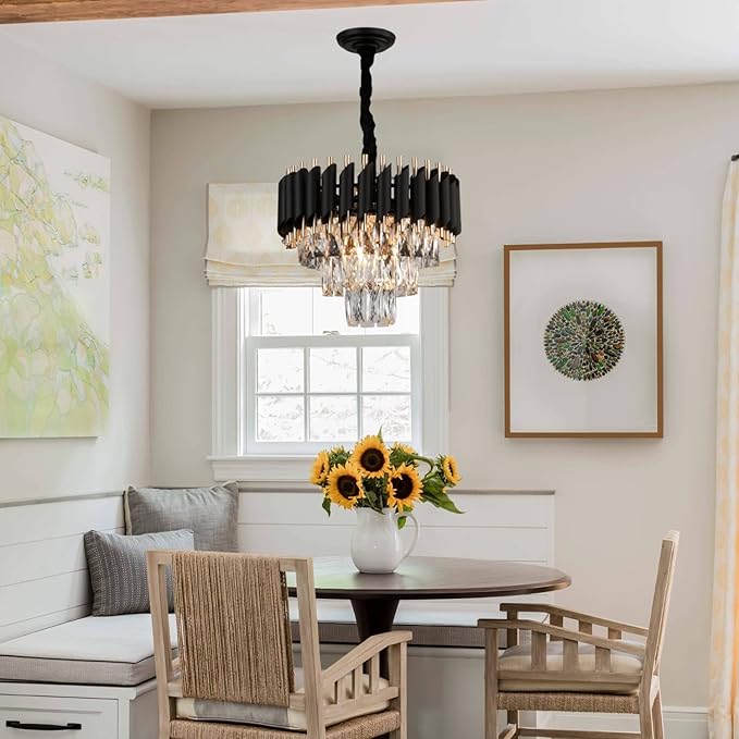 Modern Crystal Chandeliers 3 Tiers Black and Gold Pendant Light Fixtures 16” Round Flush Mount Chandeliers Ceiling Lighting Dimmable for Living Room Dining Room Foyer Bedroom Kitchen
