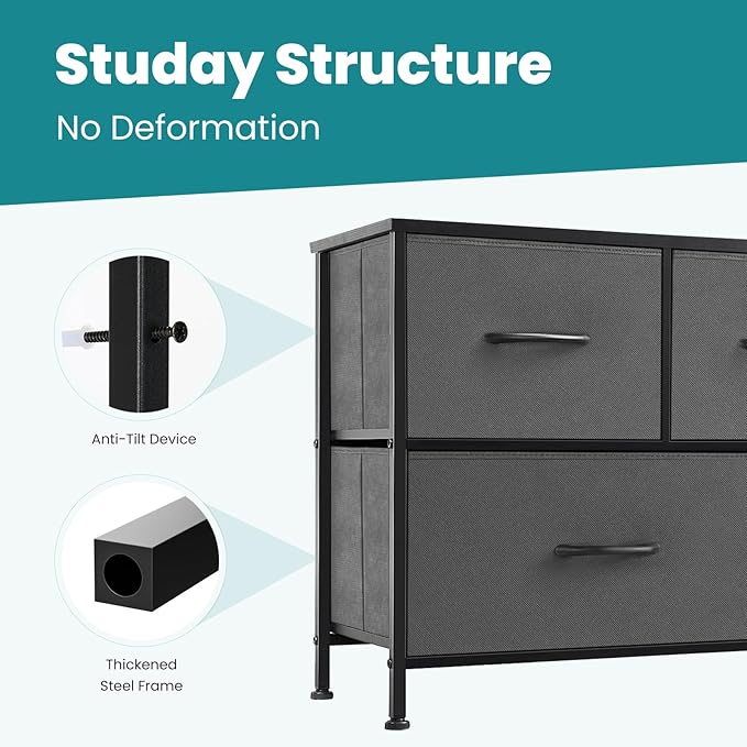 OLIXIS Dresser for Bedroom, 5 Storage Drawers, Wide Fabric Closet Chests Organizer Tower Furniture, TV Stand with Wooden Top Metal Frame for Clothes, Living Room, Hallway, Entryway, Classic Black