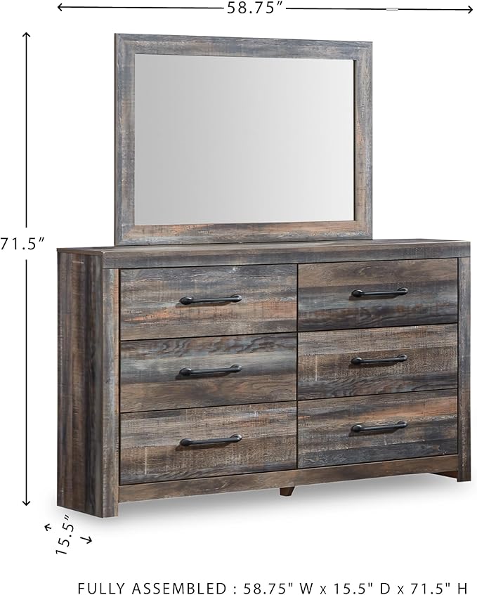 Signature Design by Ashley Drystan Rustic Smooth-Gliding 6-Drawer Dresser and Mirror with Safety Stop, Gray & Dark Brown