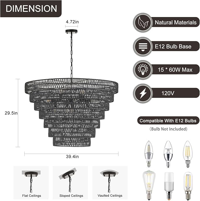 Hand-Woven Rattan Chandelier Vintage Farmhouse 15-Lights Boho Bamboo Large Chandeliers Light Fixture 7-Tier Drum Wicker Chandelier for Dining Room, Living Room, Kitchen, E12