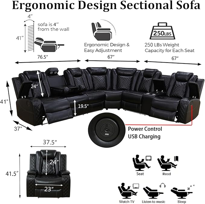 Power Reclining Sectional Sofa Set with LED, Living Room Furniture Sets, Leather Recliner Couch for Living Room/Home Theater, Sectional Couch and Chair with 3 Recliners, USB Port/Hide-Away Storage
