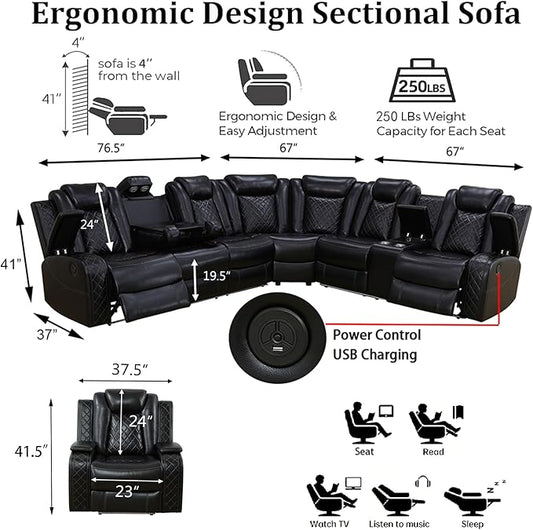 Power Reclining Sectional Sofa Set with LED, Living Room Furniture Sets, Leather Recliner Couch for Living Room/Home Theater, Sectional Couch and Chair with 4 Recliners, USB Port/Hide-Away Storage