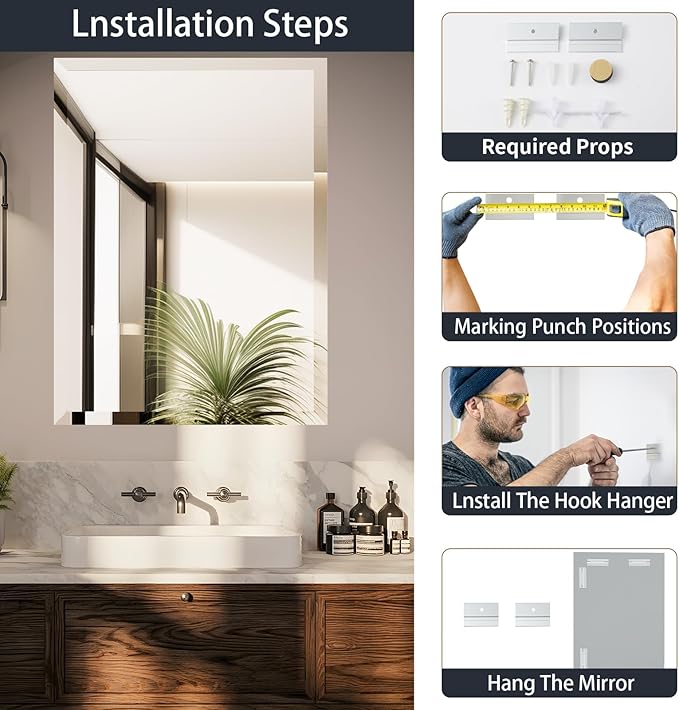 24x32 Inch Frameless Wall Mirror with 1" Beveled Edge, Frameless Rectangle Mirror for Bathroom, Vanity, Living Room